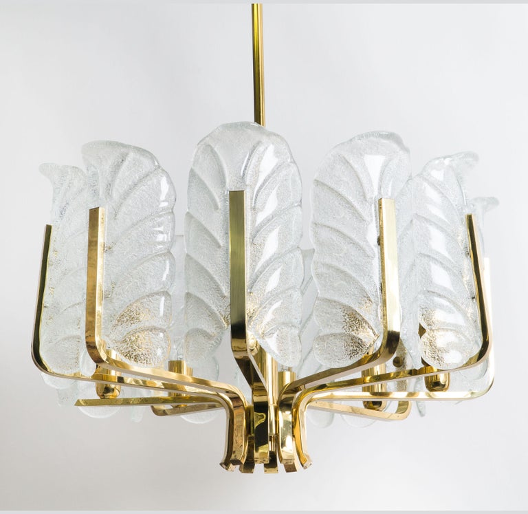One of the Six Large Fagerlund Glass Leaves Brass Chandelier by Orrefors, 1960s