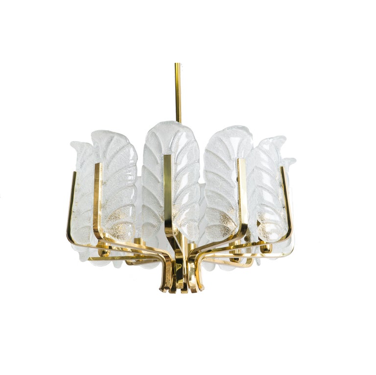 One of the Six Large Fagerlund Glass Leaves Brass Chandelier by Orrefors, 1960s