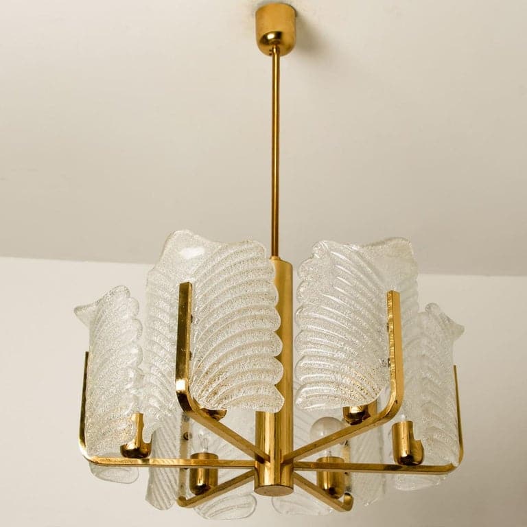 Large Fagerlund Glass Leaves Brass Chandelier by Orrefors, 1960s