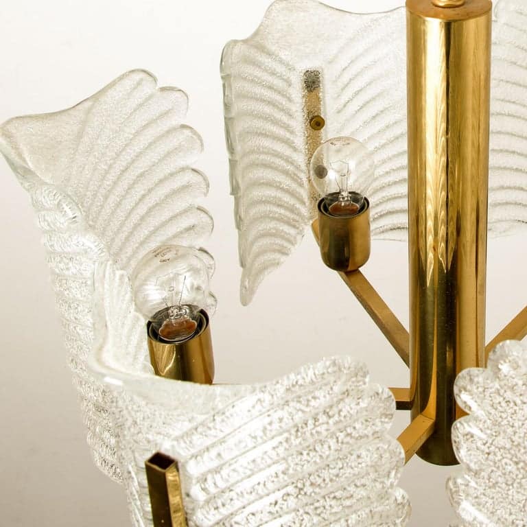 Large Fagerlund Glass Leaves Brass Chandelier by Orrefors, 1960s