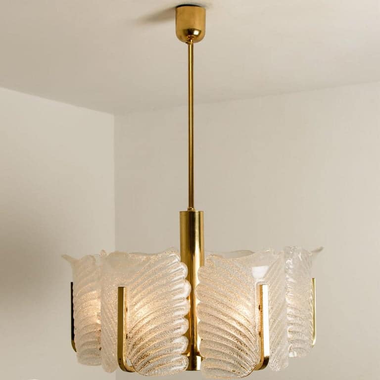 Large Fagerlund Glass Leaves Brass Chandelier by Orrefors, 1960s