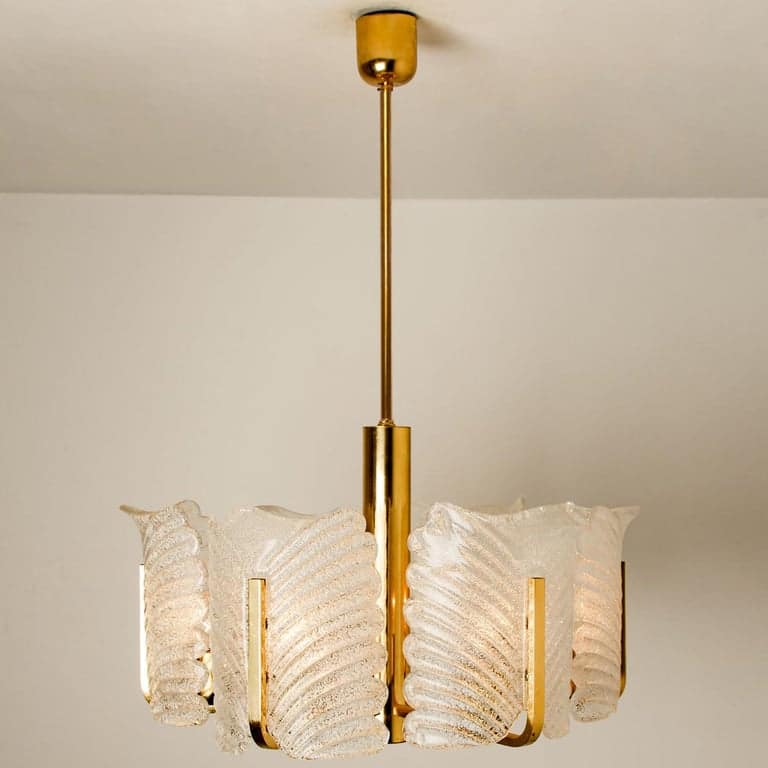 Large Fagerlund Glass Leaves Brass Chandelier by Orrefors, 1960s