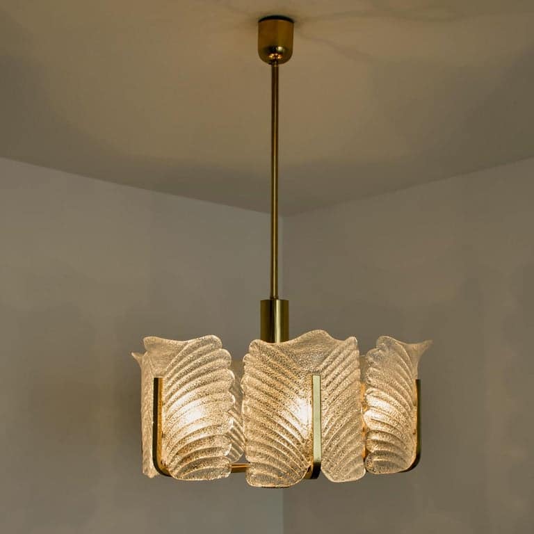 Large Fagerlund Glass Leaves Brass Chandelier by Orrefors, 1960s