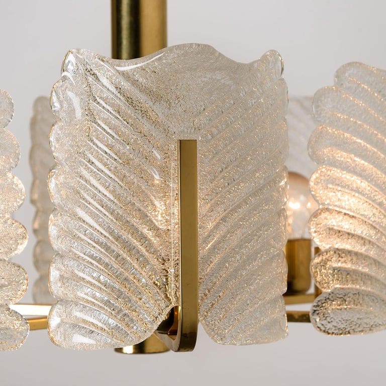 Large Fagerlund Glass Leaves Brass Chandelier by Orrefors, 1960s