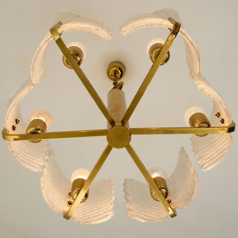 Large Fagerlund Glass Leaves Brass Chandelier by Orrefors, 1960s