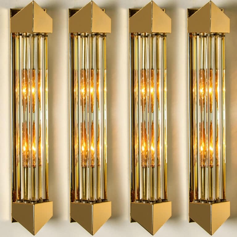 One of the Four Large Venini Style Murano Glass and Gilt Brass Sconces, Italy