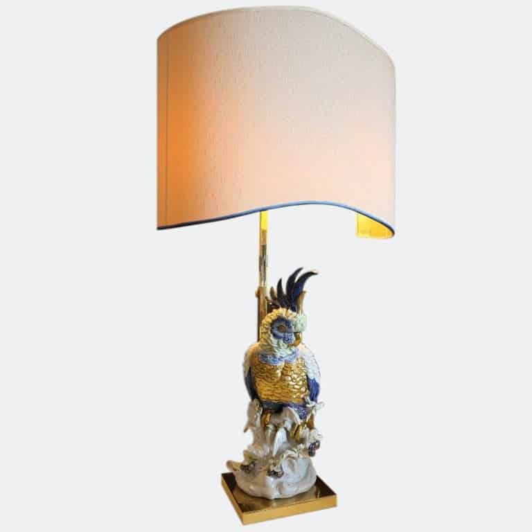 Porcellane Artistiche Firence Italy Porcelain Cockatoo Lamp with Shade, 1970