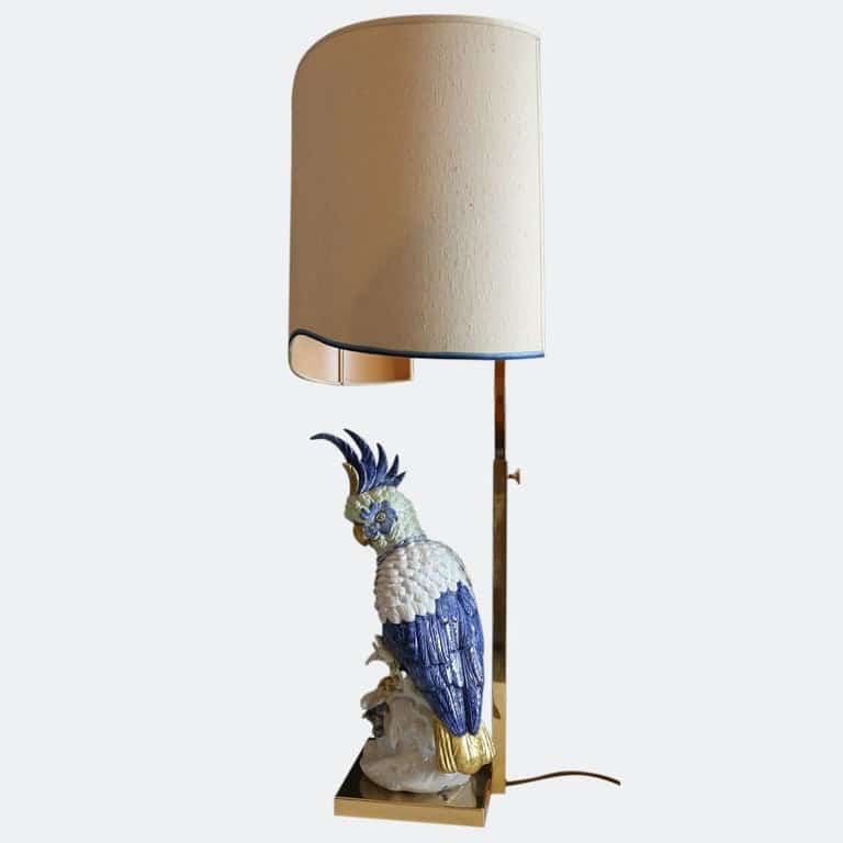 Porcellane Artistiche Firence Italy Porcelain Cockatoo Lamp with Shade, 1970