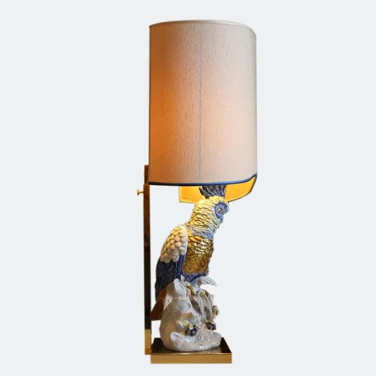 Porcellane Artistiche Firence Italy Porcelain Cockatoo Lamp with Shade, 1970