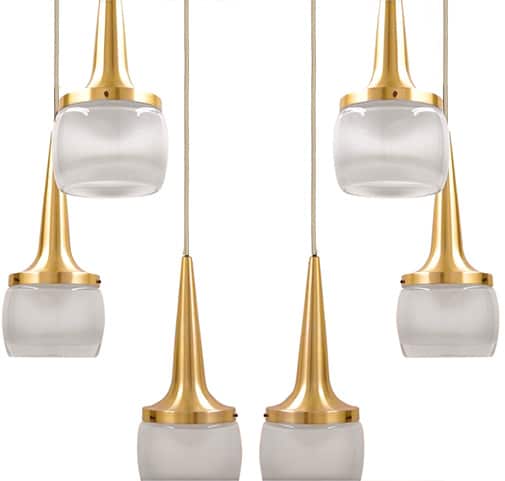One of the Two Brass Glass Cascade Fixtures by Staff Beige Cord, 1960