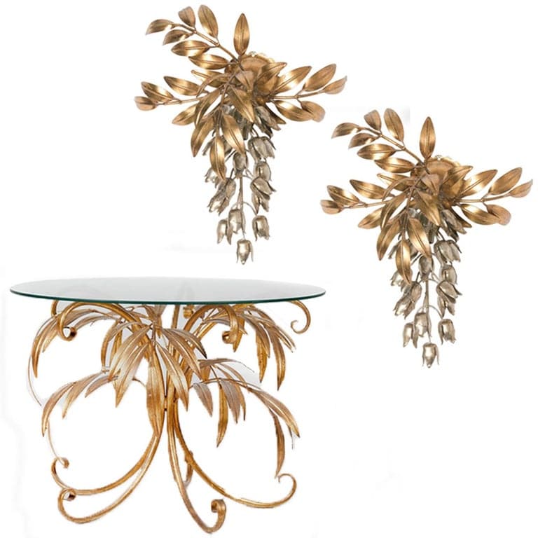 Set of Three Kögl Gilt Metal Palm Tree Wall Sconces 1960s, Maison Jansen Style