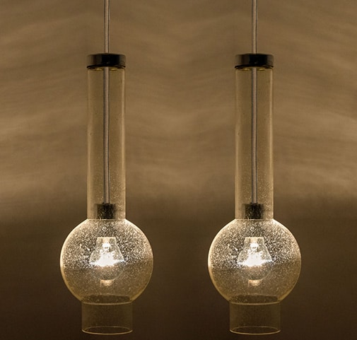 1 of the 7 Blown Glass and Brass Tube Pedant Lights by Staff Leuchten Beige Cord