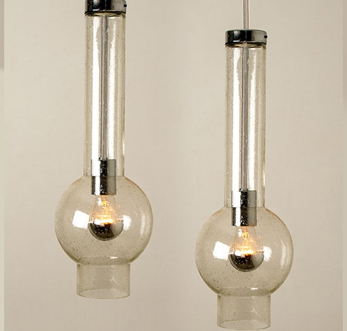1 of the 7 Blown Glass and Brass Tube Pedant Lights by Staff Leuchten Beige Cord