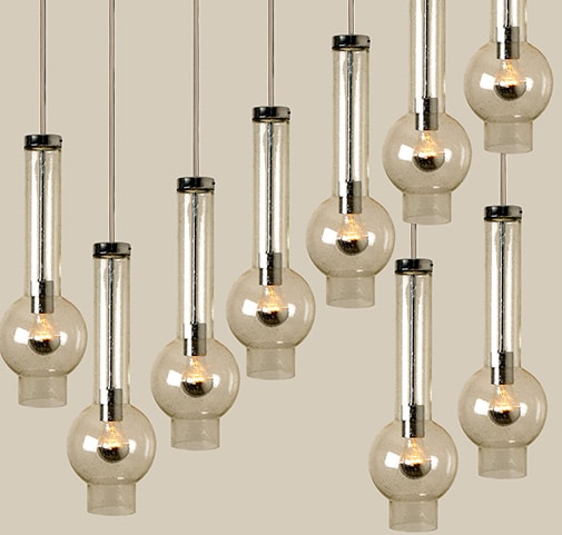 1 of the 7 Blown Glass and Brass Tube Pedant Lights by Staff Leuchten Beige Cord
