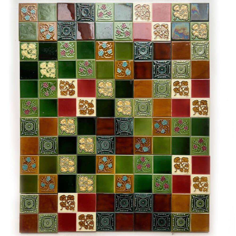 Mixed Relief Antique Panel of 25 Tiles by Gilliot Hemiksem, circa 1920