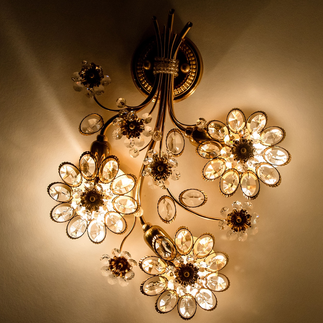 1 of the 2 Flower Crystal and Brass Wall Sconces by Palwa, 1960s, Germany