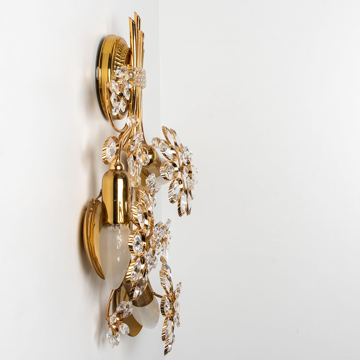 1 of the 2 Flower Crystal and Brass Wall Sconces by Palwa, 1960s, Germany