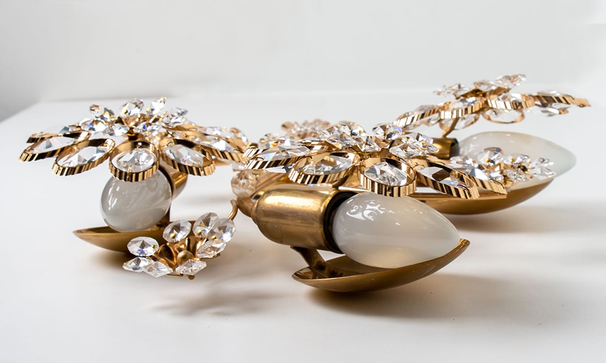 1 of the 2 Flower Crystal and Brass Wall Sconces by Palwa, 1960s, Germany
