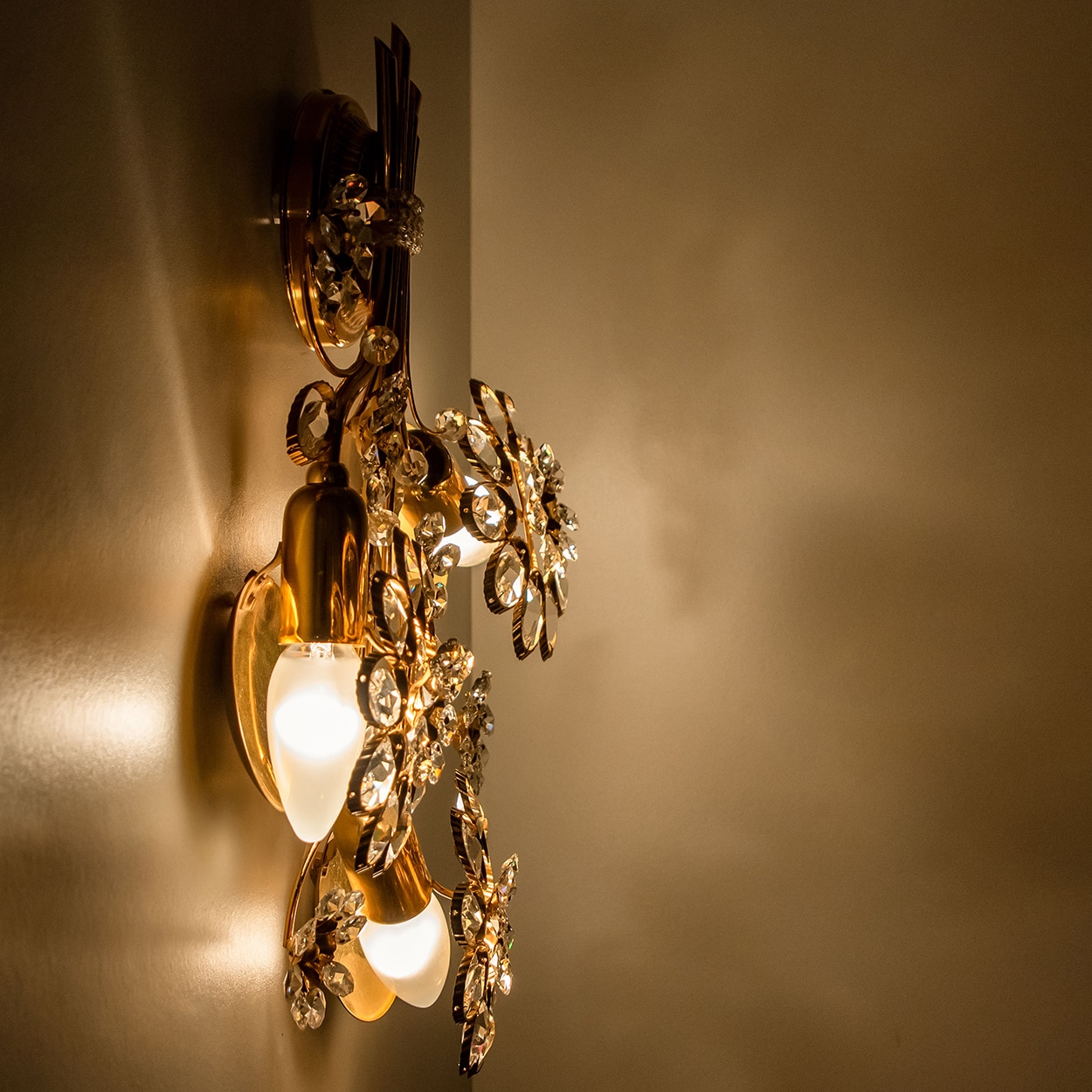 1 of the 2 Flower Crystal and Brass Wall Sconces by Palwa, 1960s, Germany