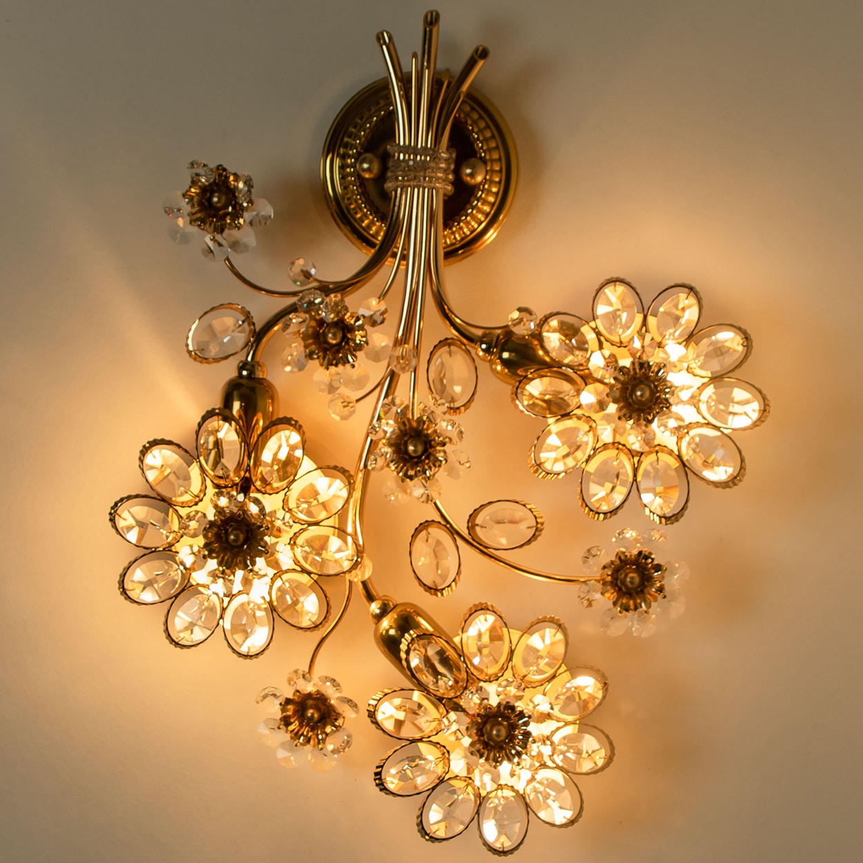 1 of the 2 Flower Crystal and Brass Wall Sconces by Palwa, 1960s, Germany