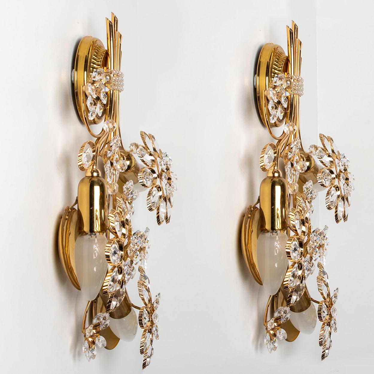 1 of the 2 Flower Crystal and Brass Wall Sconces by Palwa, 1960s, Germany
