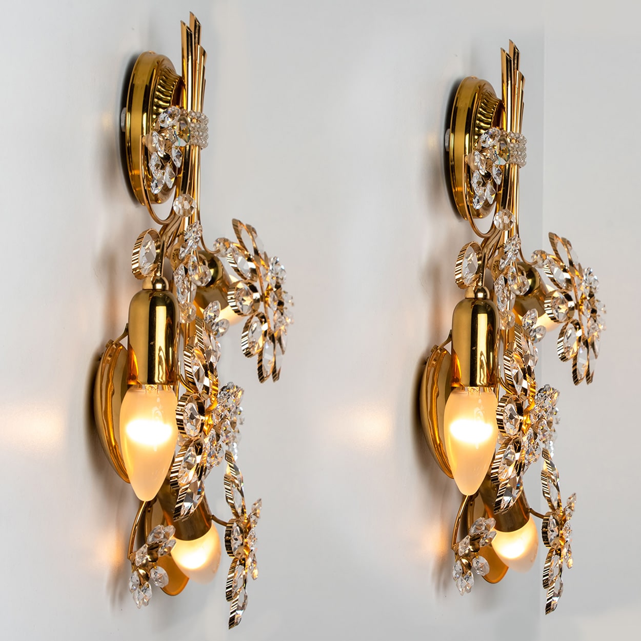 1 of the 2 Flower Crystal and Brass Wall Sconces by Palwa, 1960s, Germany