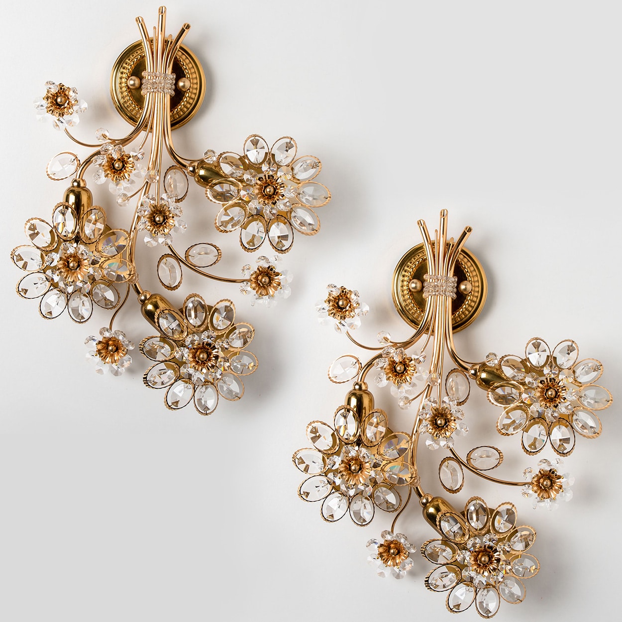 1 of the 2 Flower Crystal and Brass Wall Sconces by Palwa, 1960s, Germany