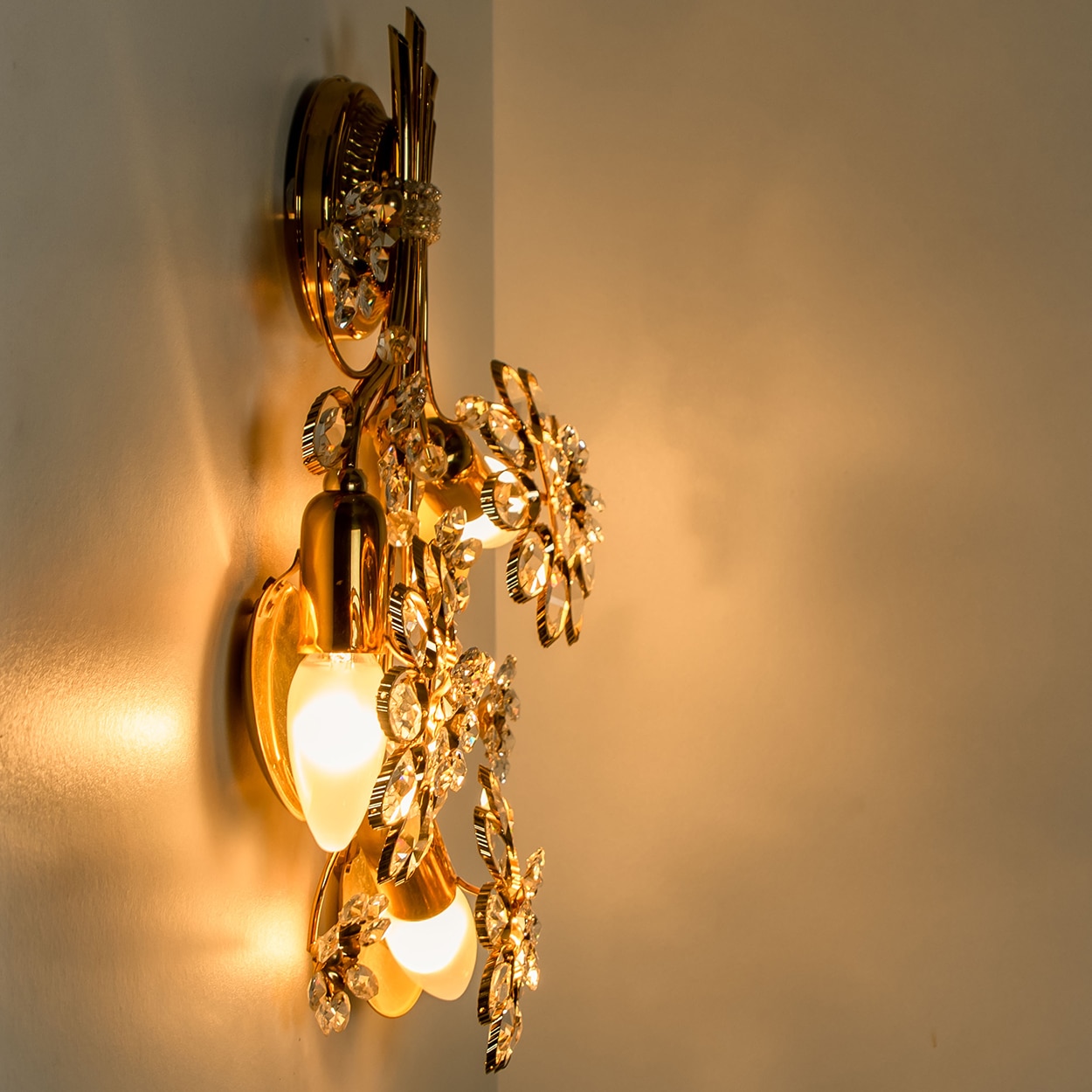 1 of the 2 Flower Crystal and Brass Wall Sconces by Palwa, 1960s, Germany
