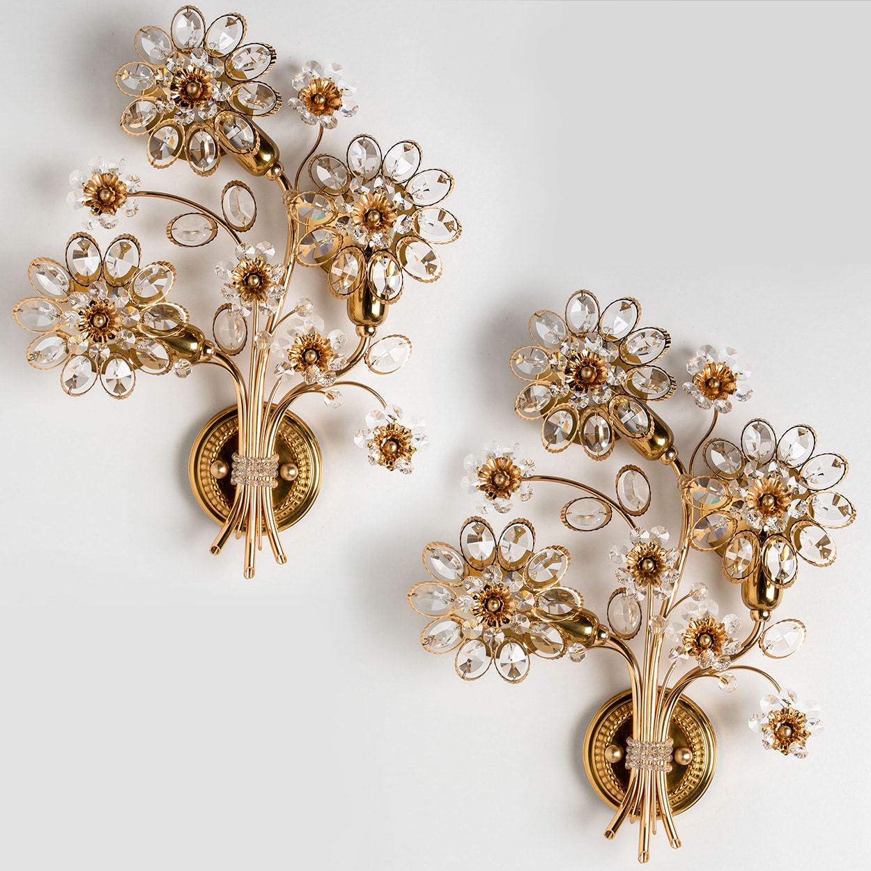 1 of the 2 Flower Crystal and Brass Wall Sconces by Palwa, 1960s, Germany