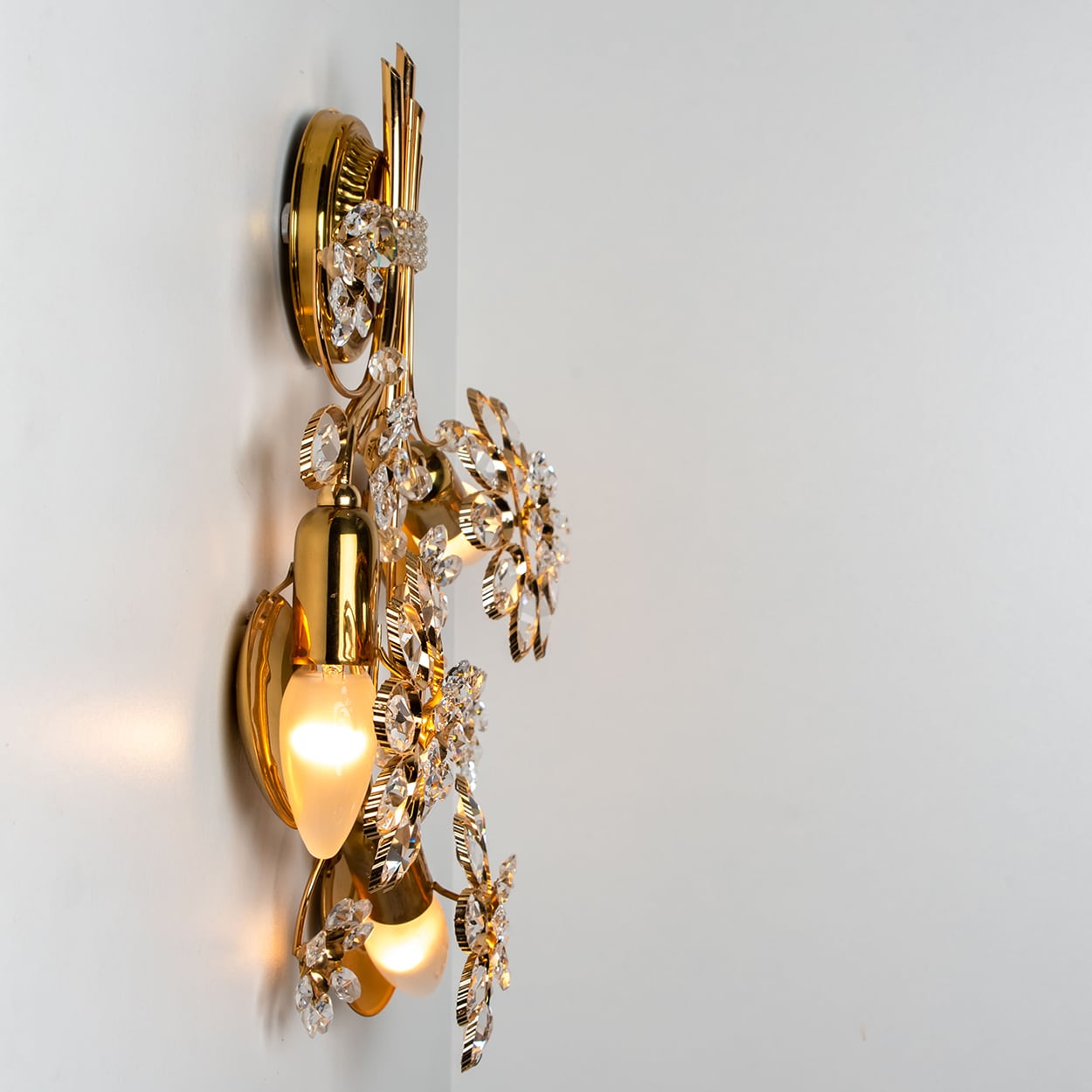 1 of the 2 Flower Crystal and Brass Wall Sconces by Palwa, 1960s, Germany