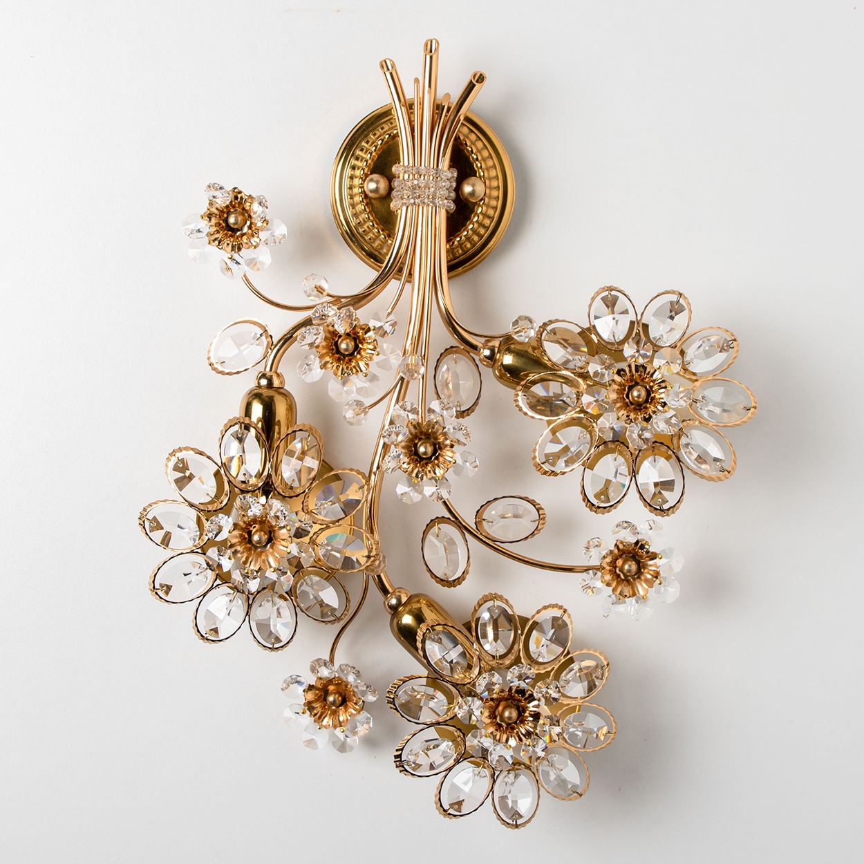 1 of the 2 Flower Crystal and Brass Wall Sconces by Palwa, 1960s, Germany