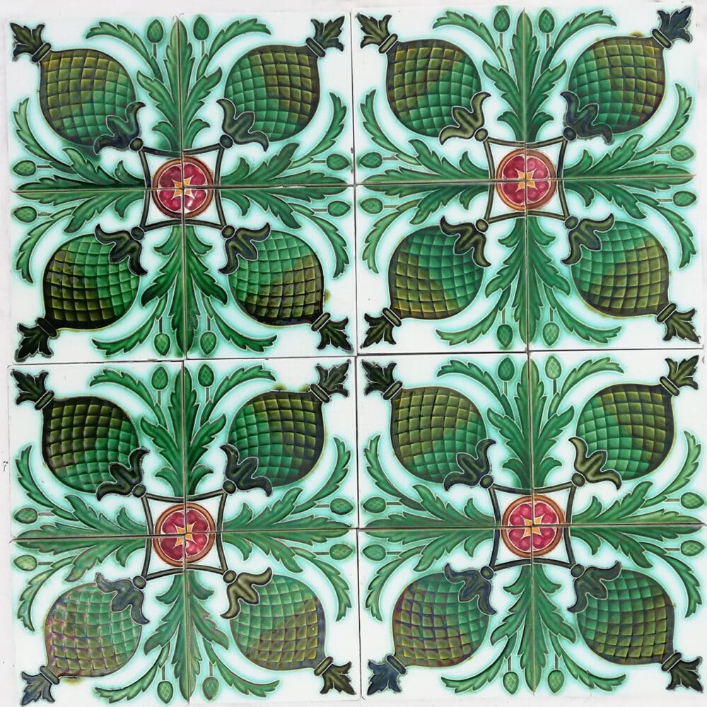 Tableau of 16 Green Glazed Relief Tiles Set by, Belgium