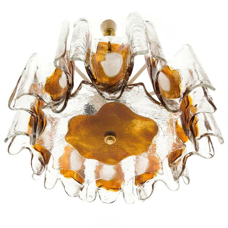 Hand Blown Murano Orange Clear Glass Light fixture, 1970s