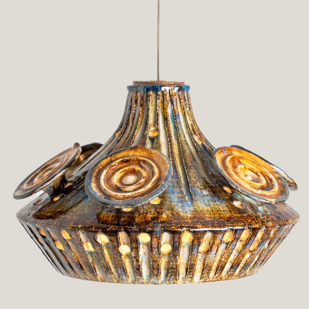 Ceramic Brown Cognac Grey Ceramic Pendant Light, Denmark, 1970