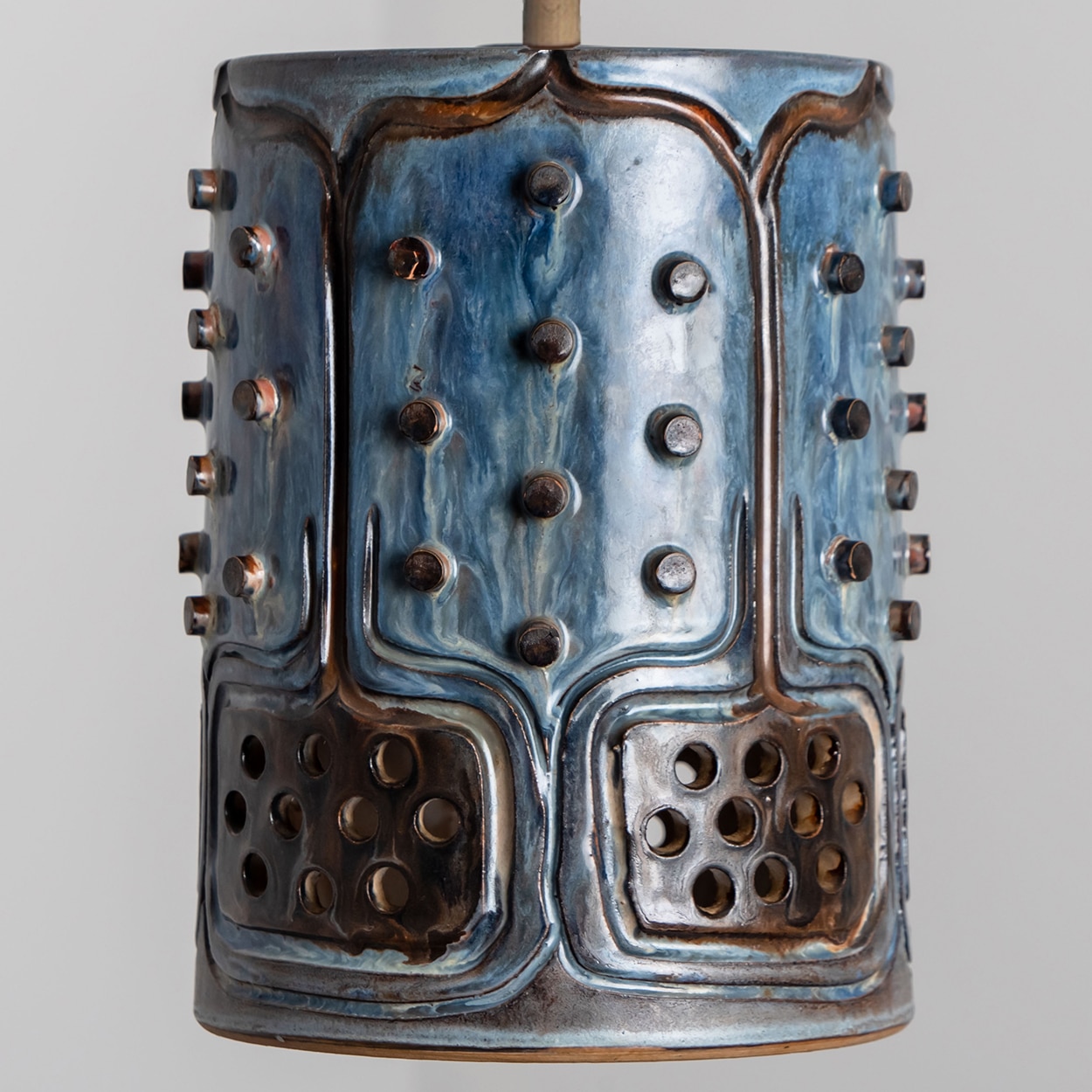 1 of 3 Cylinder Blue Brown Ceramic Pendant Lights, Denmark, 1970