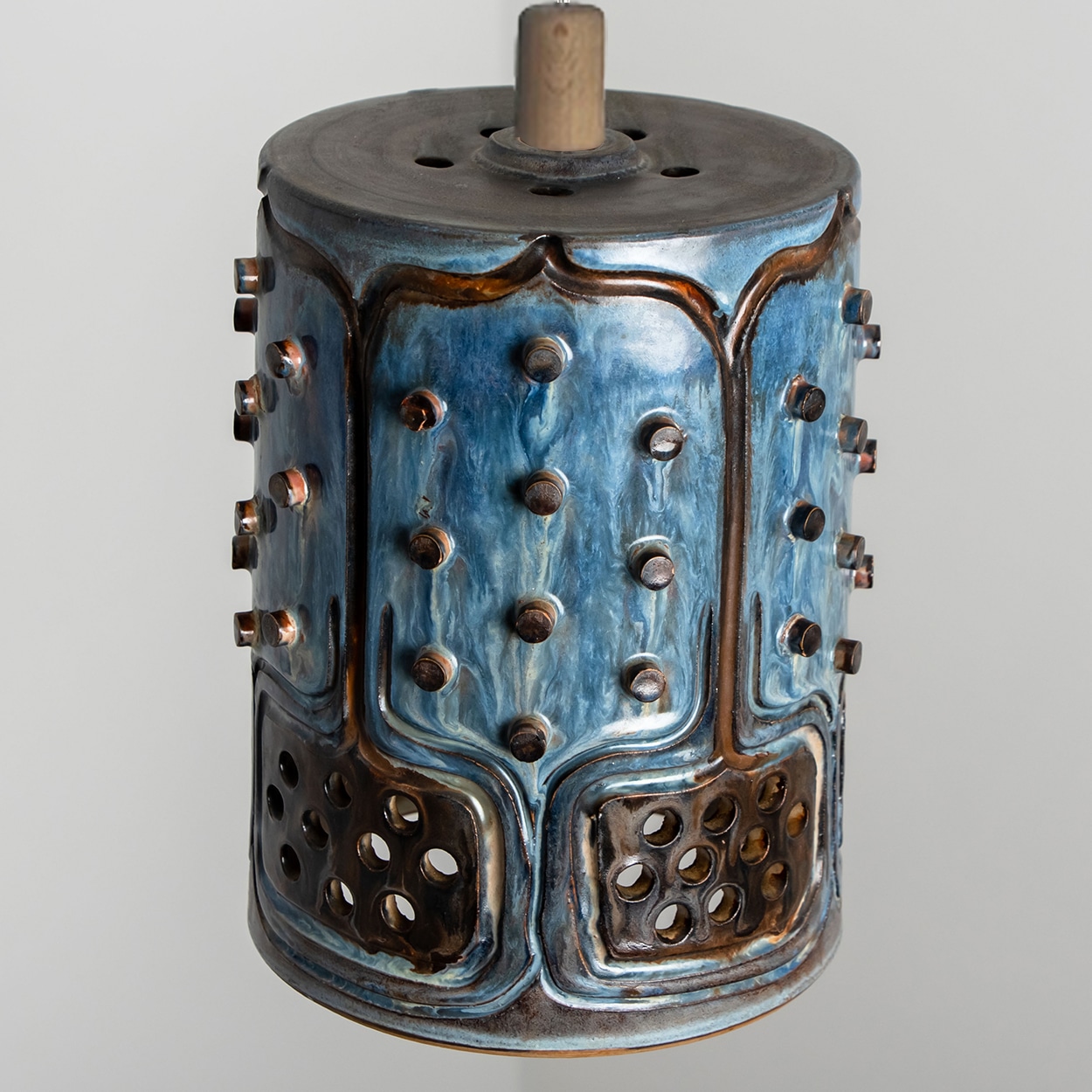 1 of 3 Cylinder Blue Brown Ceramic Pendant Lights, Denmark, 1970
