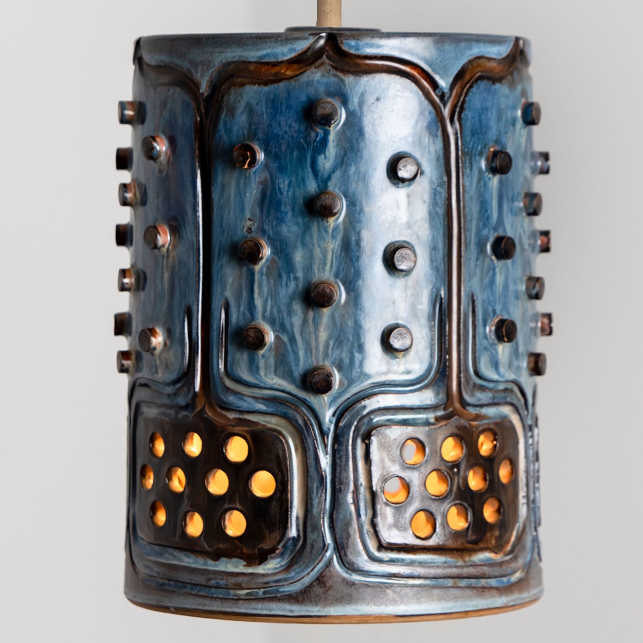 1 of 3 Cylinder Blue Brown Ceramic Pendant Lights, Denmark, 1970