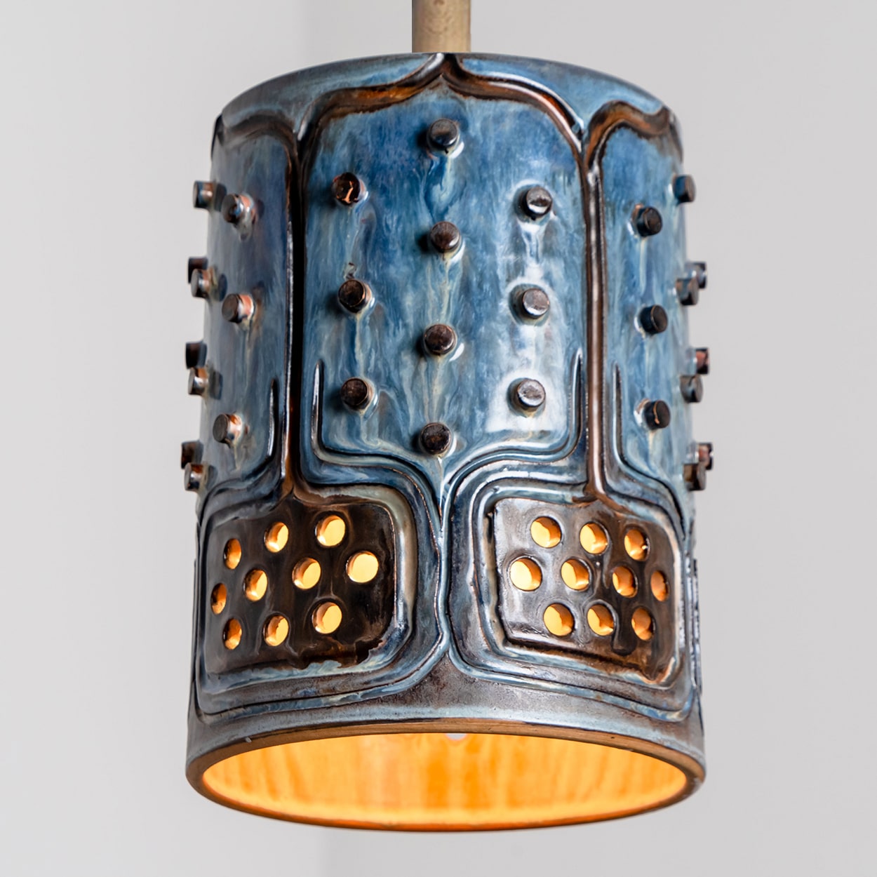 1 of 3 Cylinder Blue Brown Ceramic Pendant Lights, Denmark, 1970