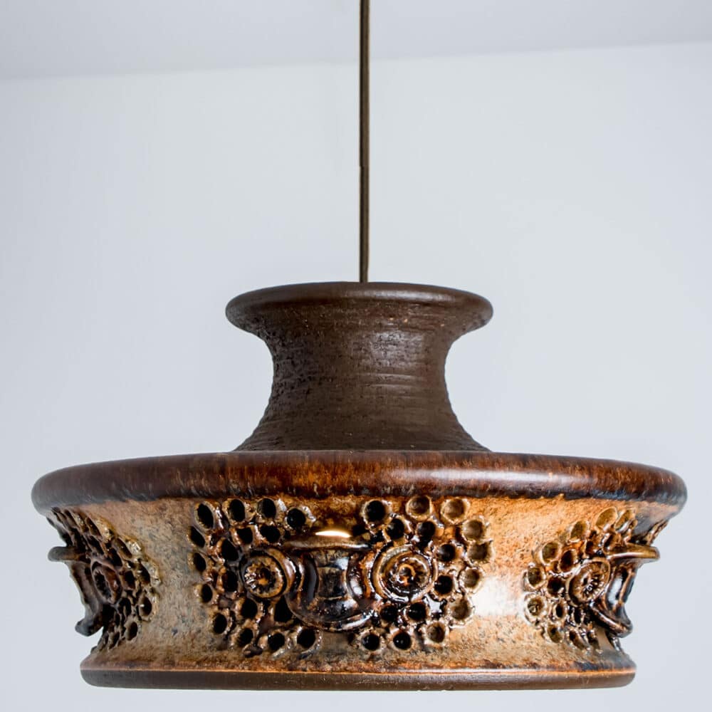 Flat Brown Beige Ceramic Pendant Light, Denmark, 1970