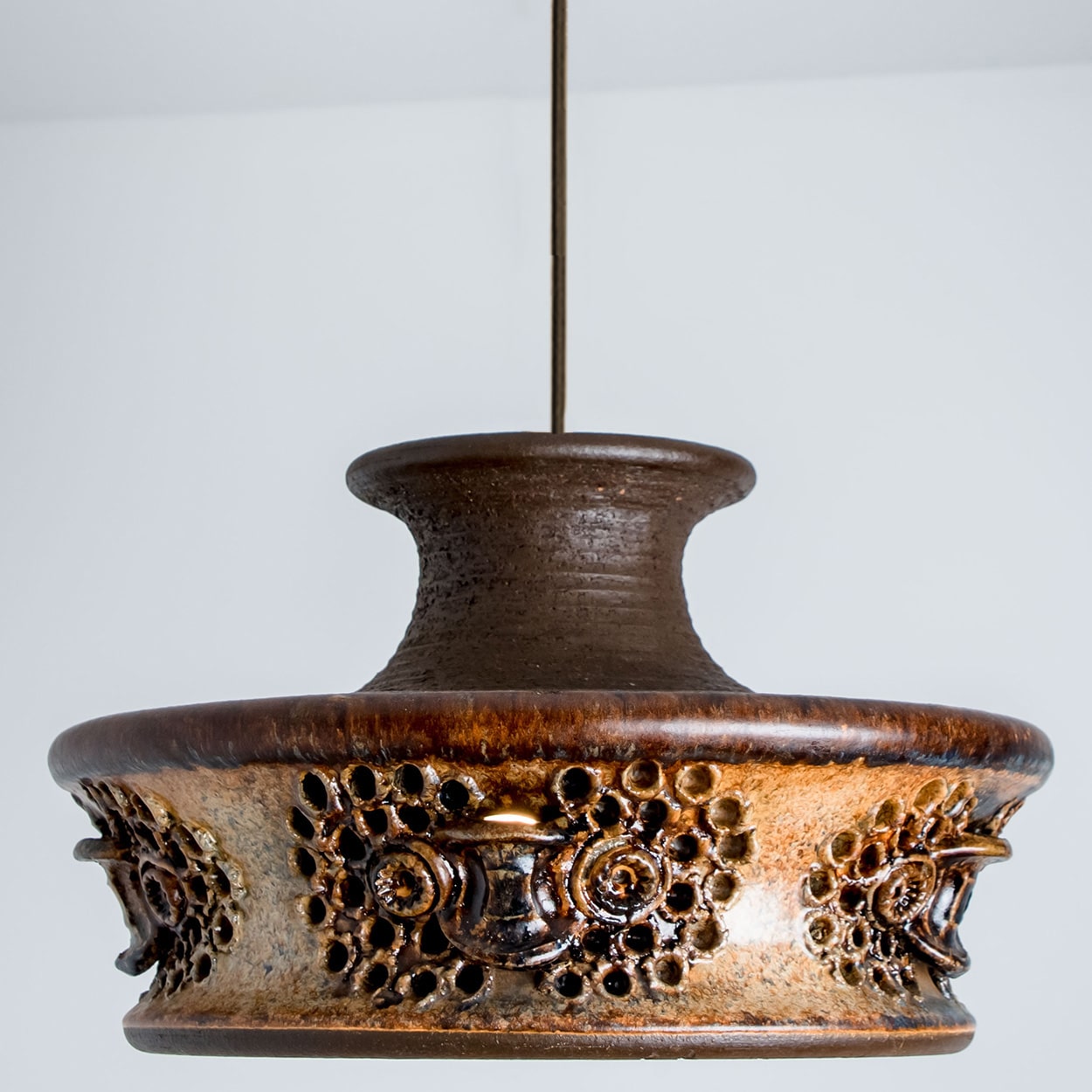 Flat Brown Beige Ceramic Pendant Light, Denmark, 1970