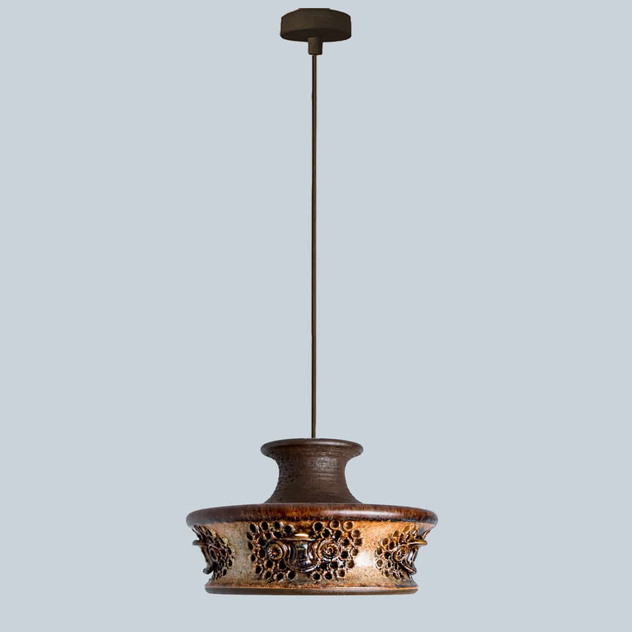 Flat Brown Beige Ceramic Pendant Light, Denmark, 1970