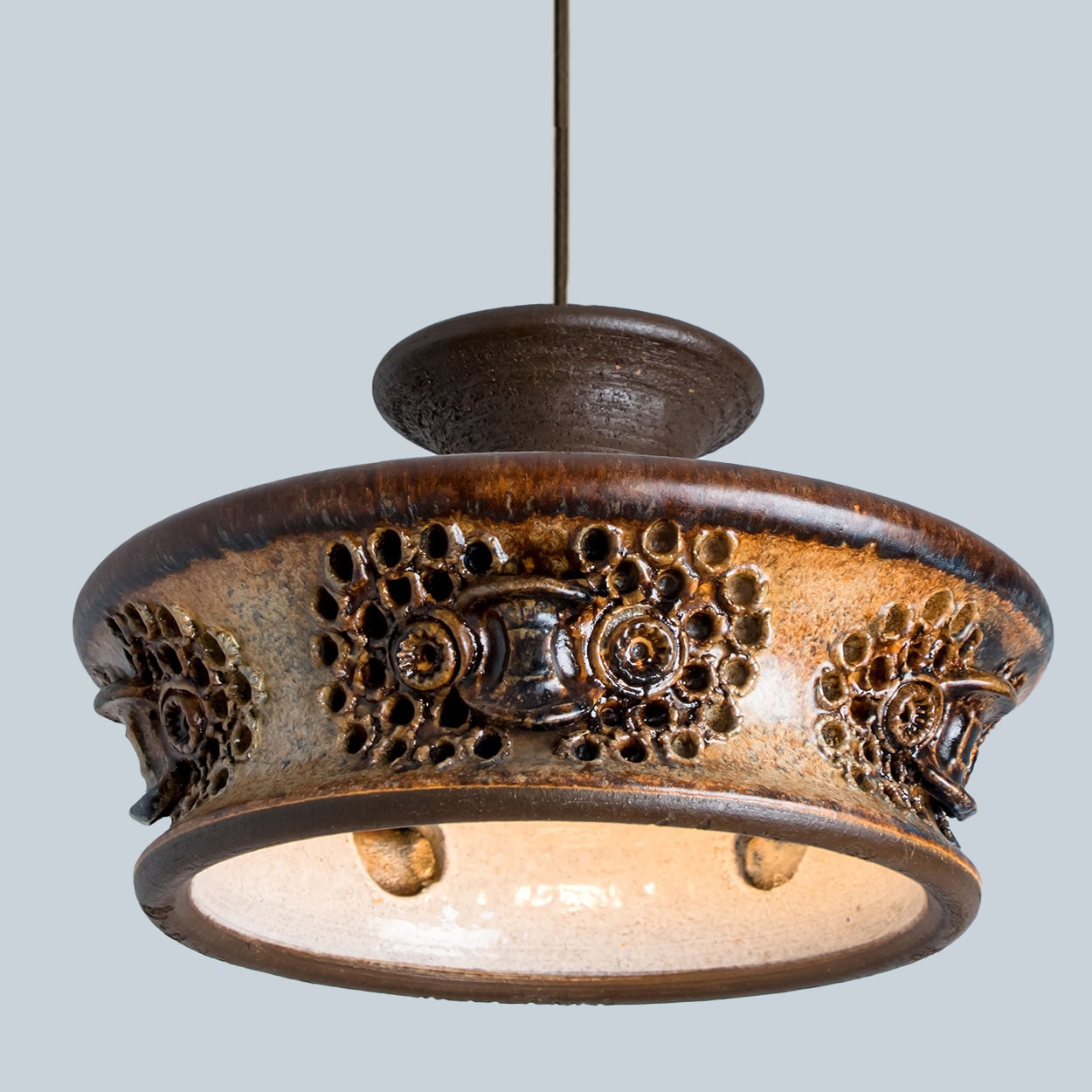 Flat Brown Beige Ceramic Pendant Light, Denmark, 1970