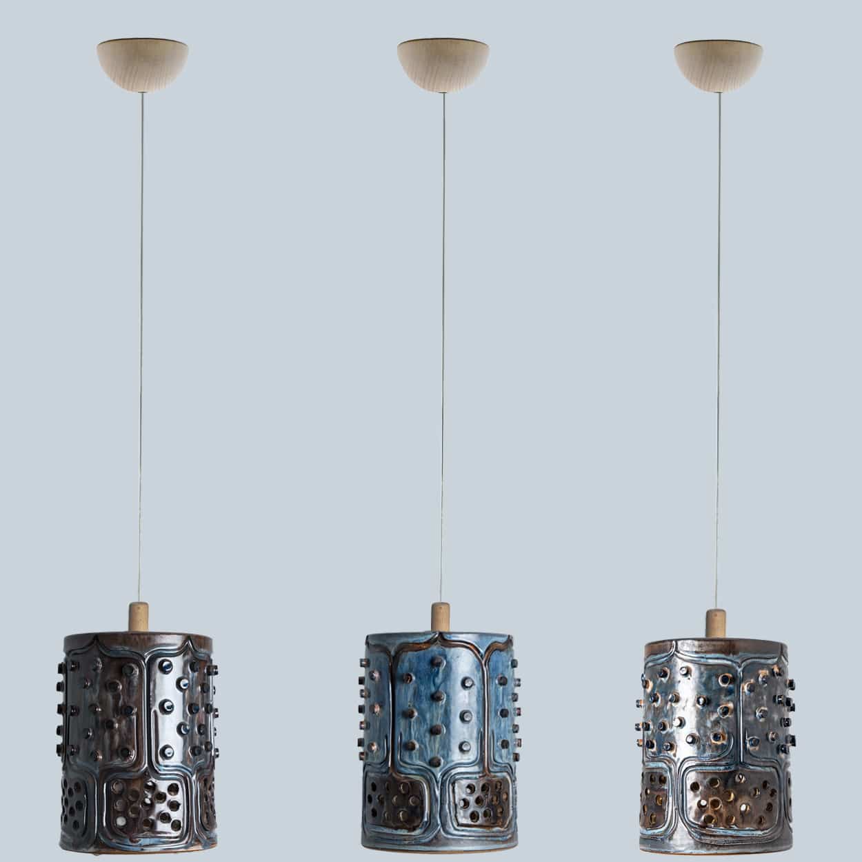 1 of 3 Cylinder Blue Brown Ceramic Pendant Lights, Denmark, 1970