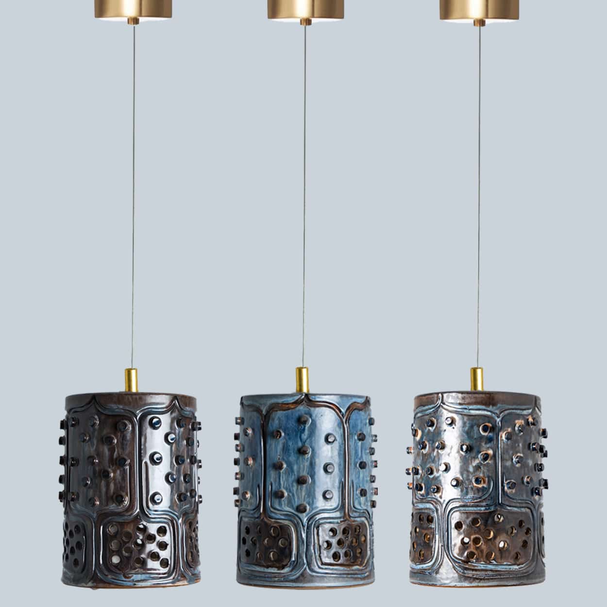 1 of 3 Cylinder Blue Brown Ceramic Pendant Lights, Denmark, 1970
