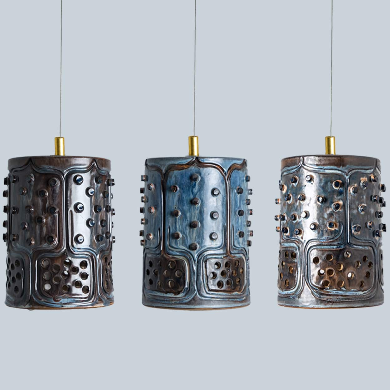 1 of 3 Cylinder Blue Brown Ceramic Pendant Lights, Denmark, 1970