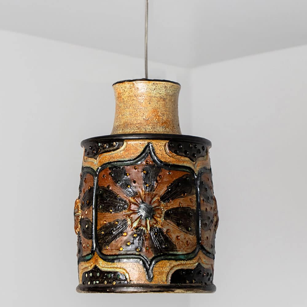 Cylinder Orange Brown Green Ceramic Pendant Light, Denmark, 1970