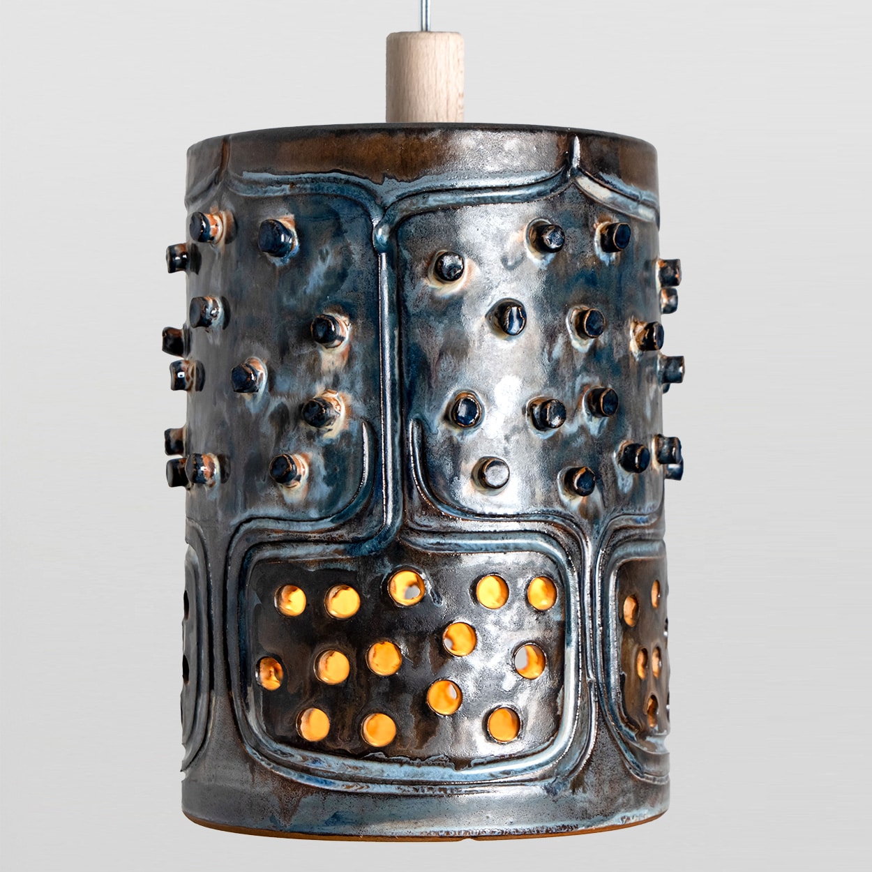 1 of 3 Cylinder Blue Brown Ceramic Pendant Lights, Denmark, 1970