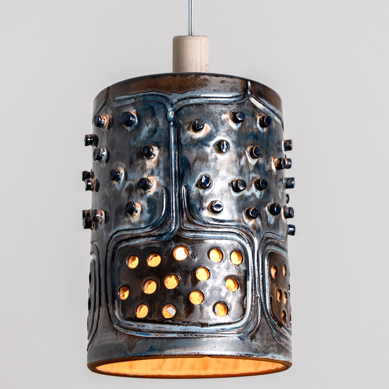 1 of 3 Cylinder Blue Brown Ceramic Pendant Lights, Denmark, 1970