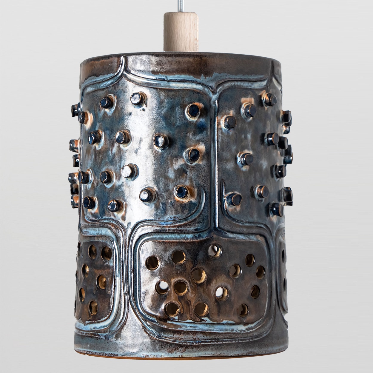 1 of 3 Cylinder Blue Brown Ceramic Pendant Lights, Denmark, 1970