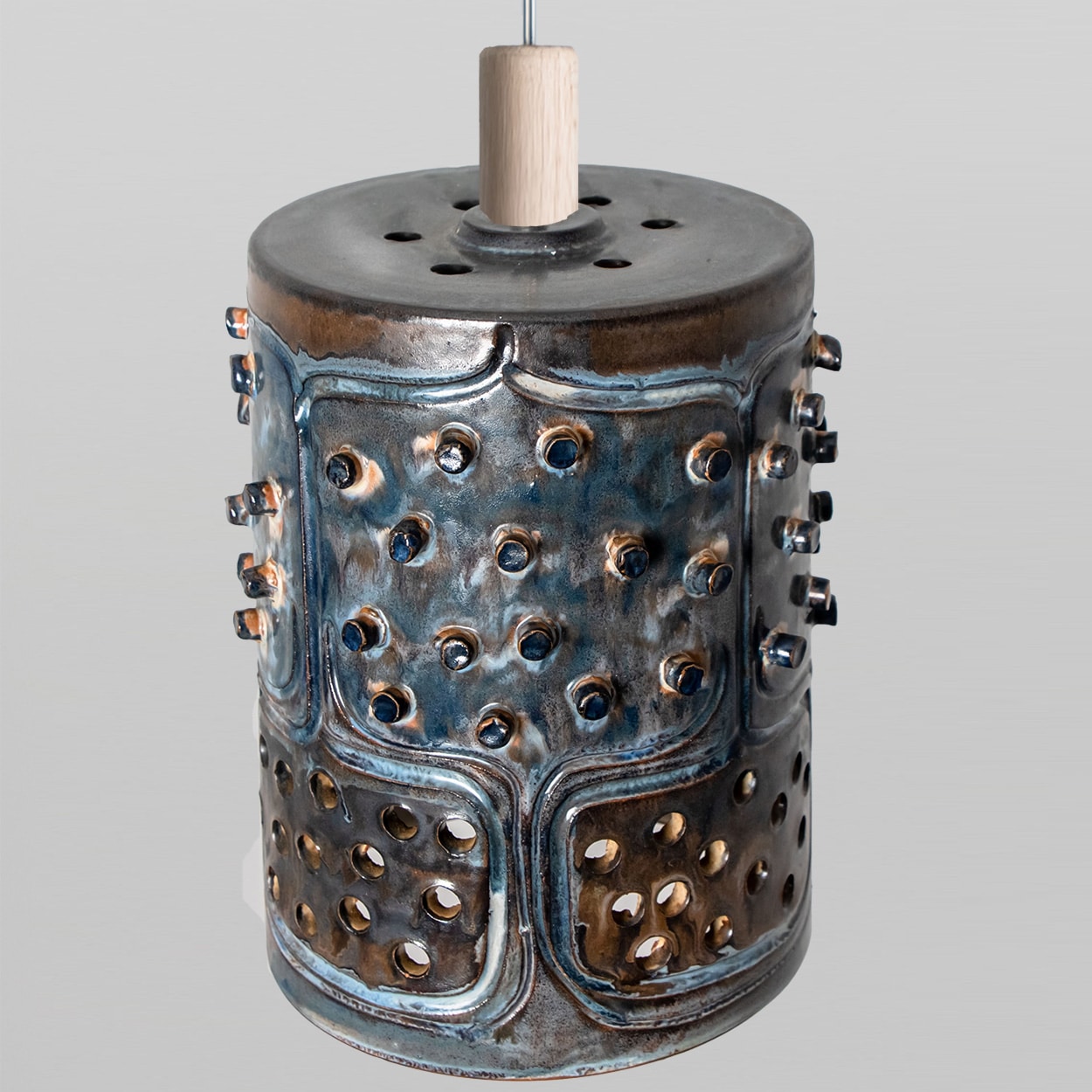 1 of 3 Cylinder Blue Brown Ceramic Pendant Lights, Denmark, 1970